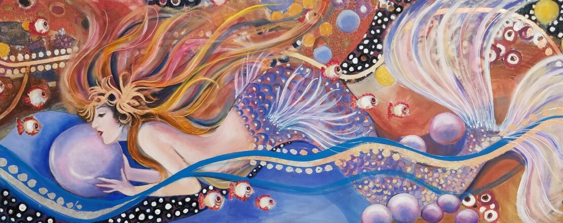 Mermaid With Pearls - Juanita G Garza - 55'' x 22'' - Mixed Media on Canvas