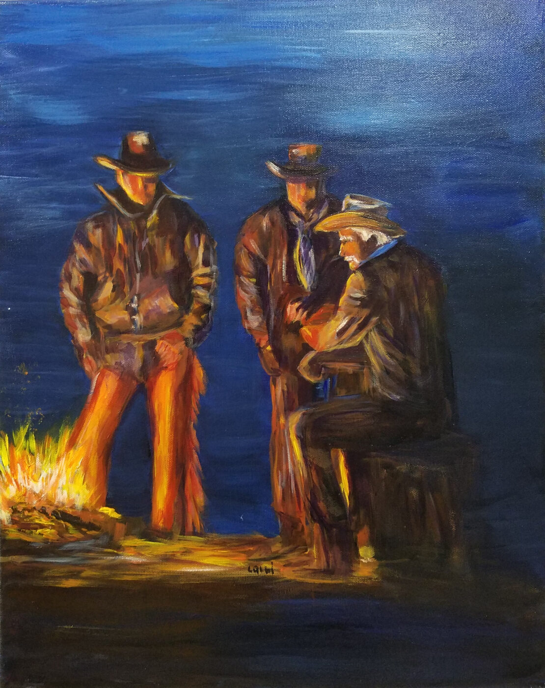 Fireside Cowboys - Lolli Hollsten - 16'' x 20'' - Acrylic on Canvas