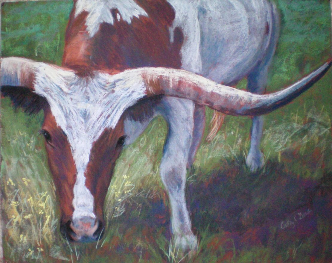 Longhorn Grazing - Cathy E Geib - 16'' x 20'' - Pastel on Sanded Paper