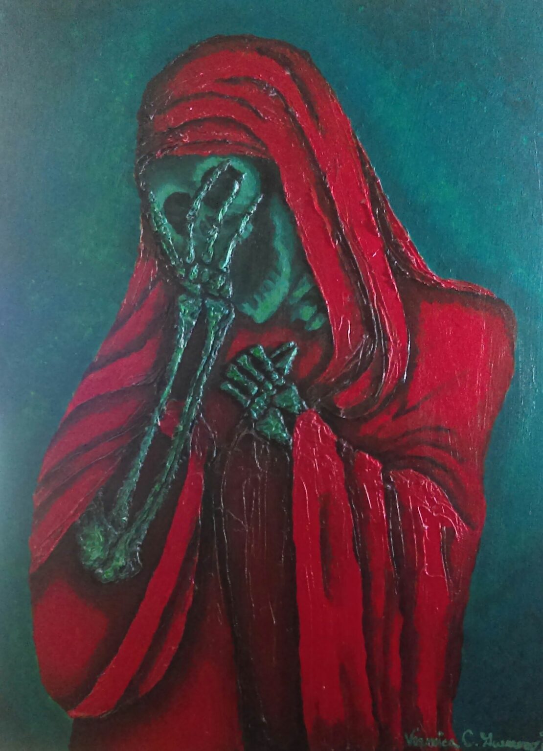 La Llorona en Rebozo Rojo - Veronica C. Guerrero - 24" x 18" - Acrylics on Stretched Canvas, Gesso, Moulding Paste, Gloss Medium