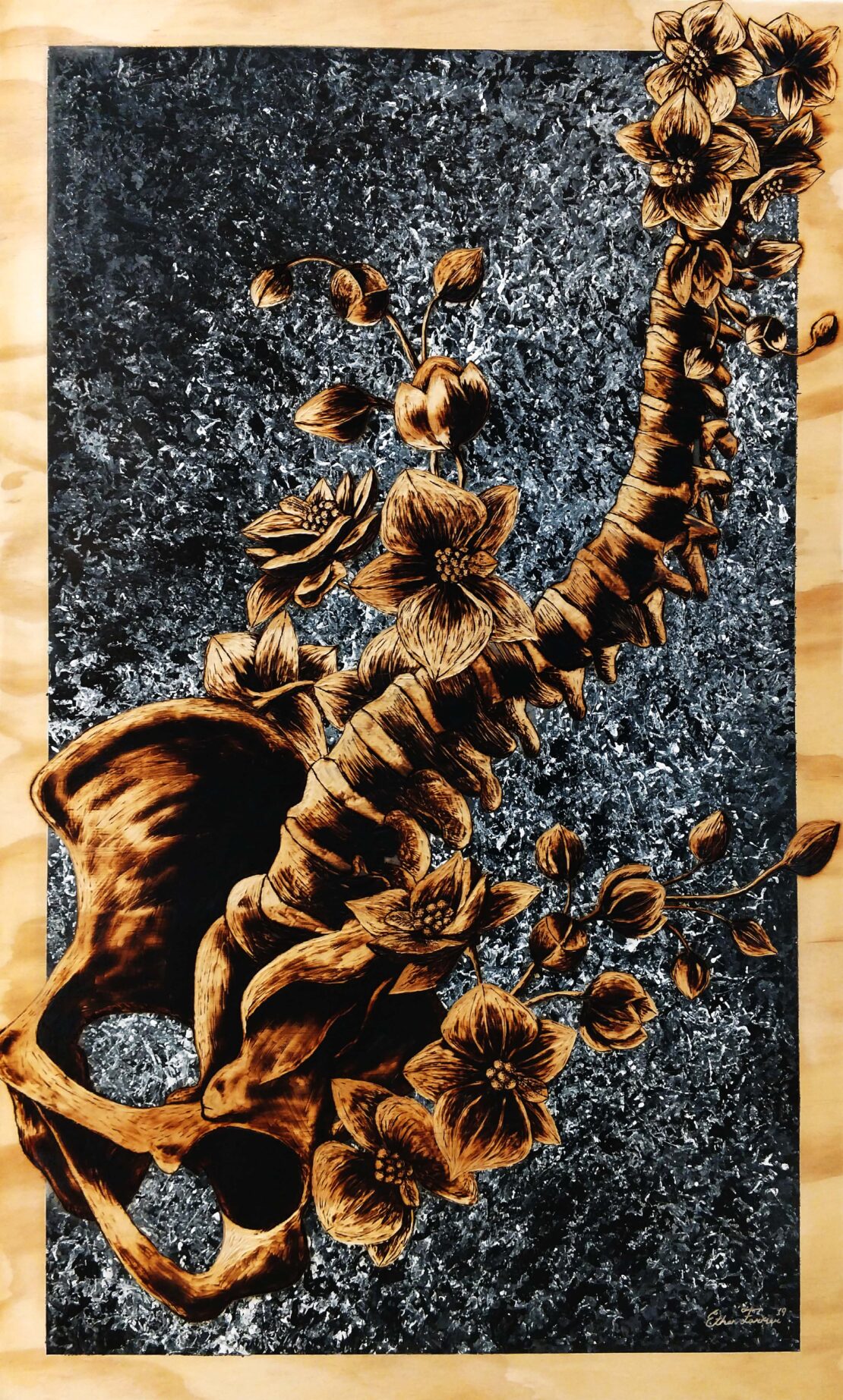 Anatomy of an Orchid - Ethan Farmer - 48" x 30" - Pyrography on Wood Panel