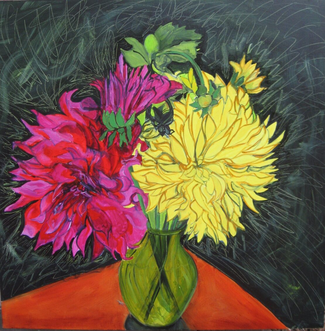 Blue Hwy Dahlias - Pamela Reed - 24'' x 24'' - Oil on Canvas