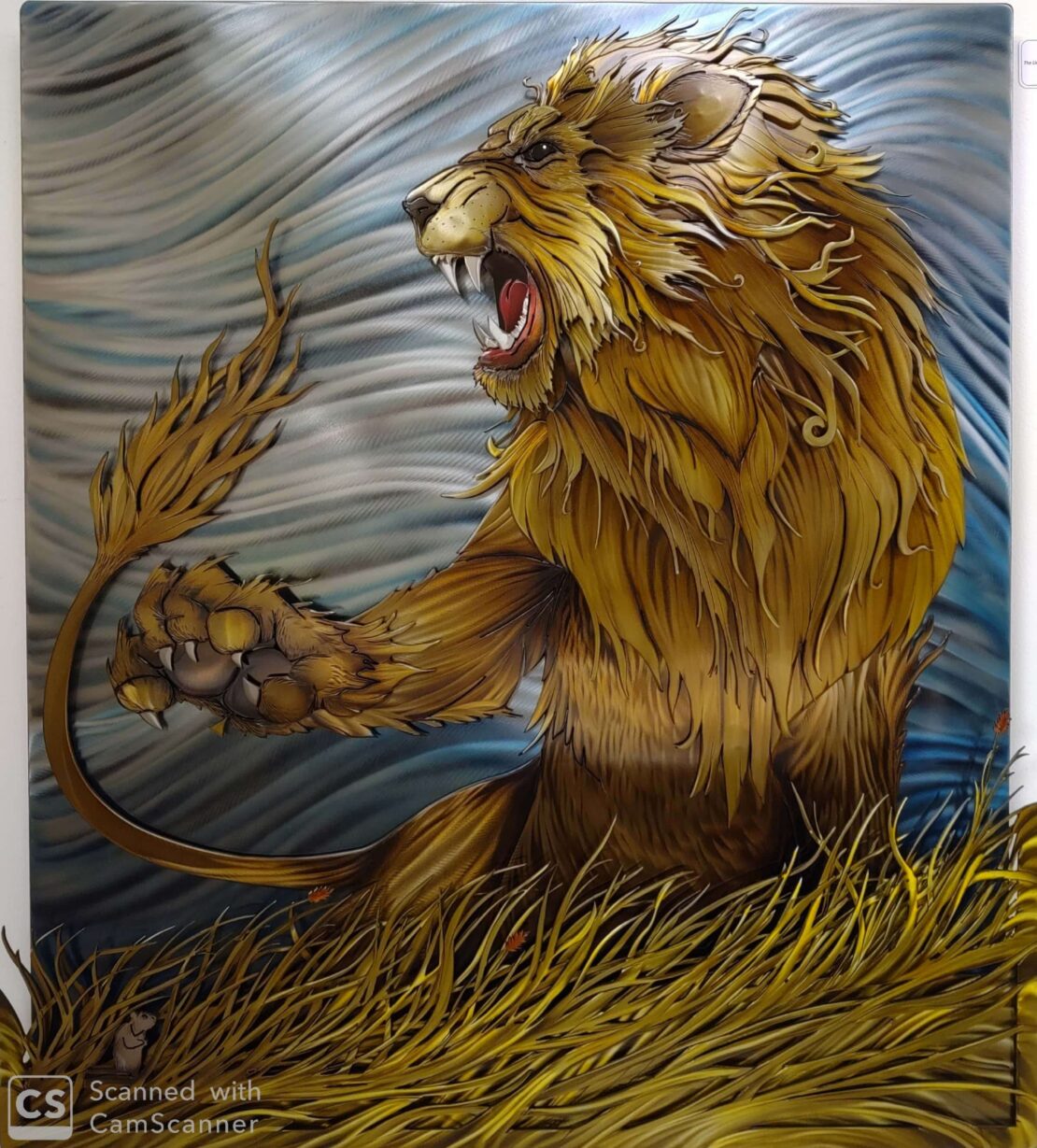 The Lion’s Rage and a Mouse’s Decision - Aaron Bialaszewski - 31" x 36" - Dyed Steel