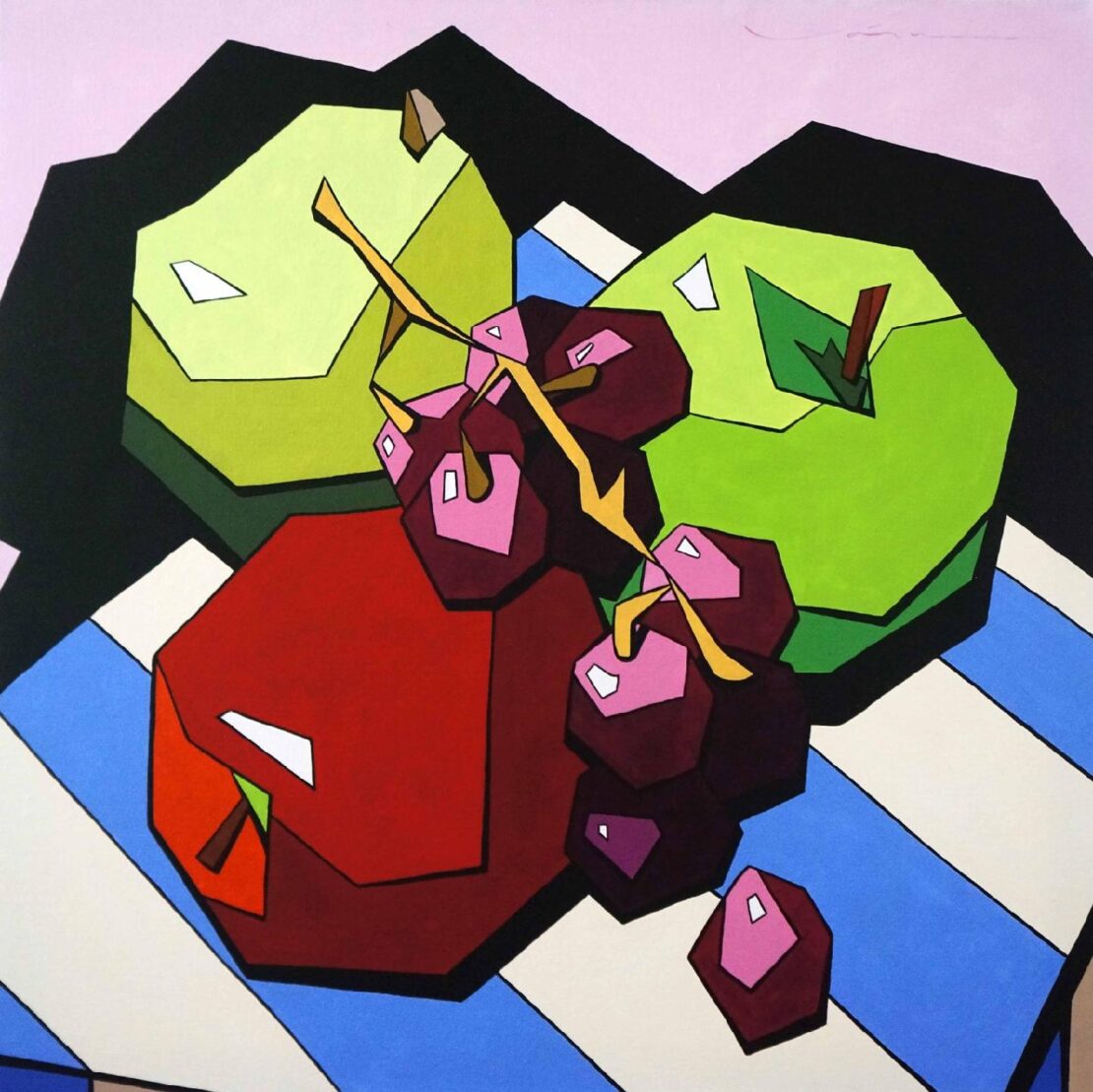 Tres Frutas y Uvas – VARU Art Studios – 24″ x 24″ – Acrylic on Canvas