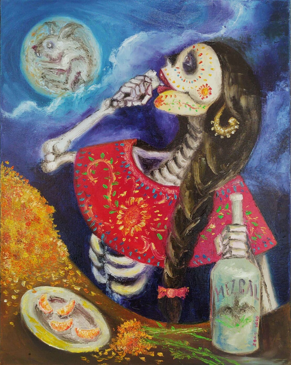 Moon Rabbit Girl and Mezcal - Joao Quiroz - 16" x 20" - Mixed Media on Canvas