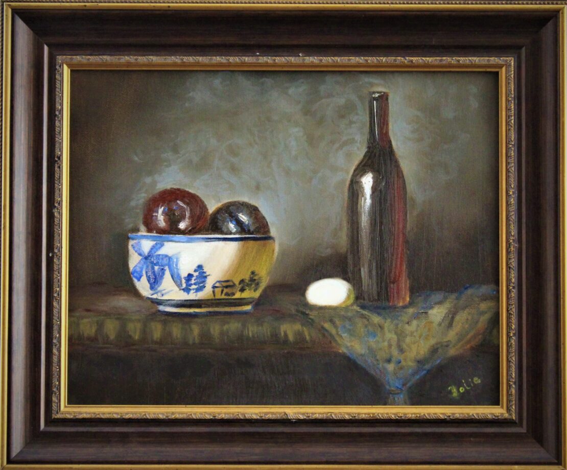 Fruit Bowl, Egg & Wine Bottle - Yolanda Clifton - 14'' x 11'' - Oil on Canvas