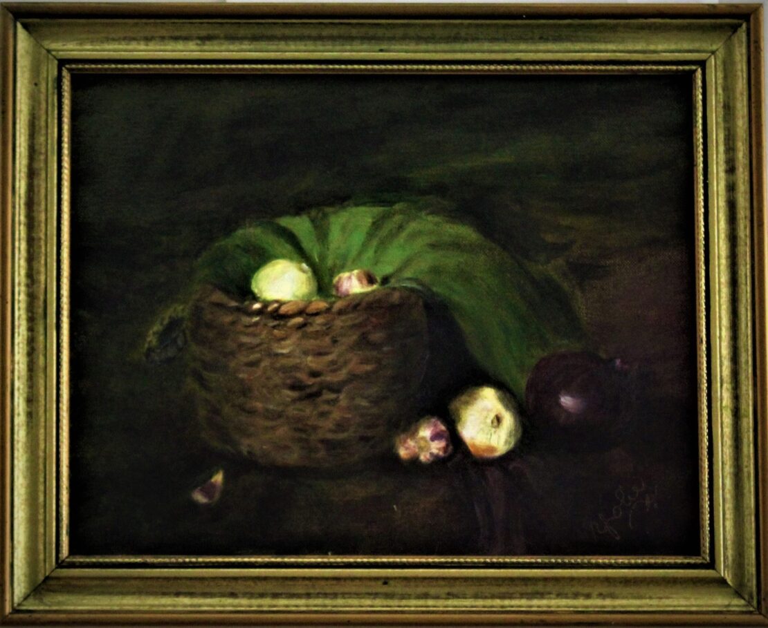 Basket with Garlic & Onion - Yolanda Clifton - 14'' x 11'' - Oil on Canvas