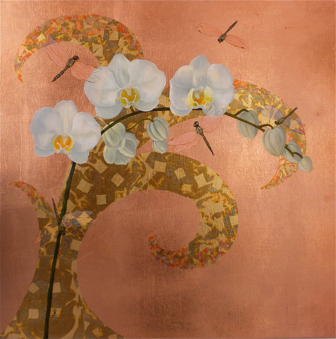 Orchid & Dragonflies - Angeles Salinas - 24'' x 24'' - Mixed Media on Wood