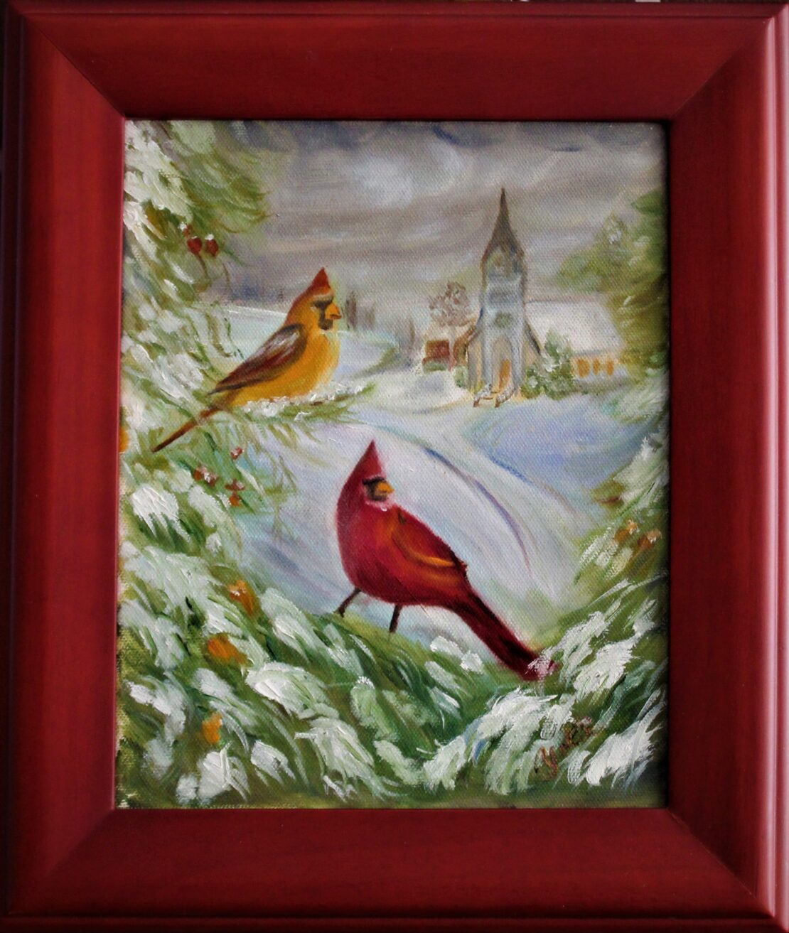 Chapel & Winter Cardinals - Yolanda Clifton - 10" x 8" - Oil on Canvas