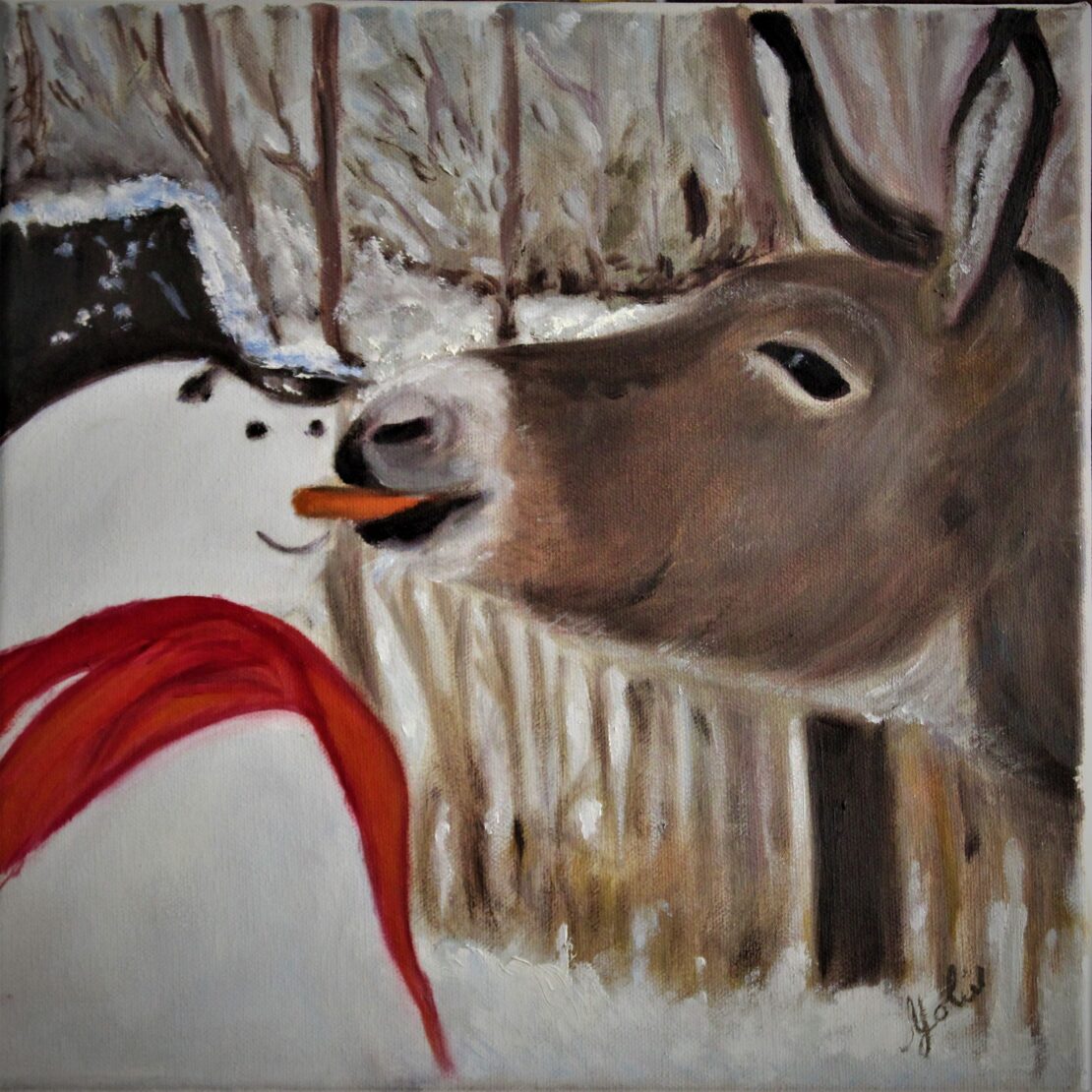 The Snowman and the Donkey (no frame) - Yolanda Clifton - 12'' x 12'' - Oil on Canvas