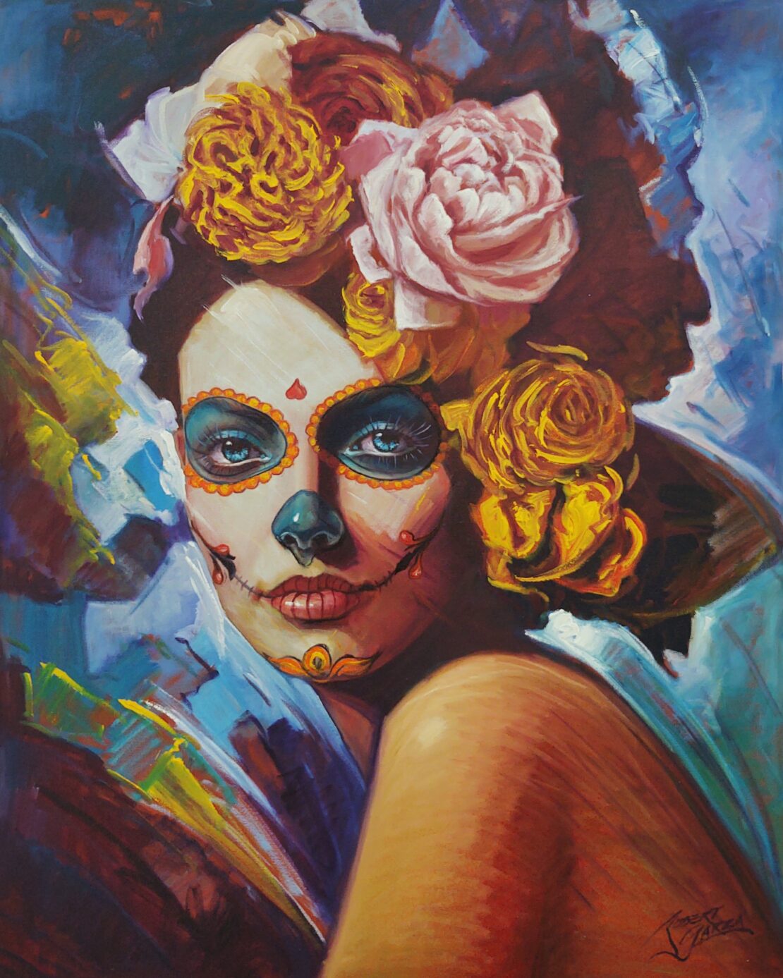 Woman With Flowers - Robert Garza - 30” x 24” - Oil on Canvas