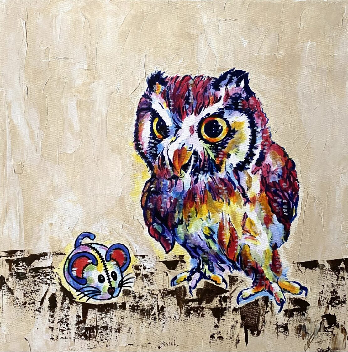 The Owl and the Mouse - Jose Antonio Ayala - 16" x 16" - Acrylic on Canvas