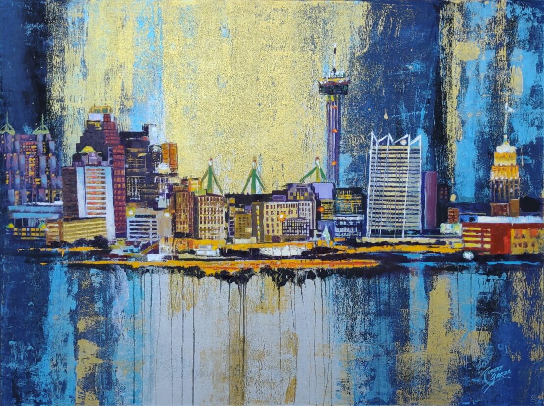 Golden San Antonio Skyline (Framed) - Robert Garza - 36" x 48" - Acrylic & Oil Canvas