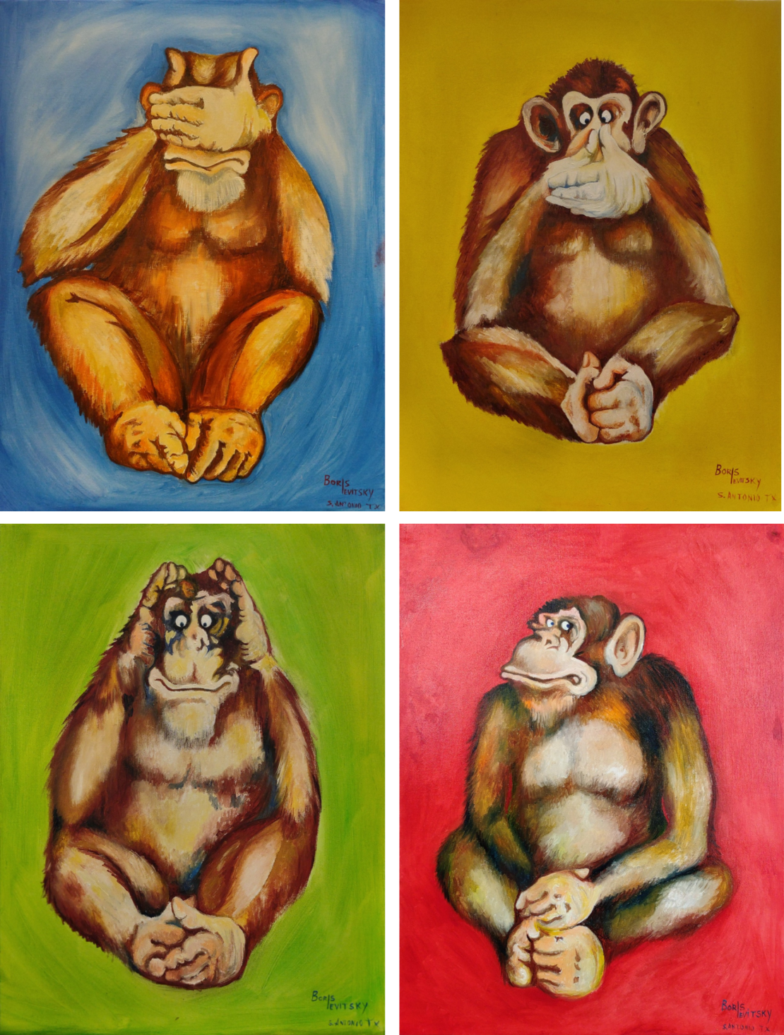 4 Monkeys - Boris Levitsky - 37" x 49" - Oil on Canvas