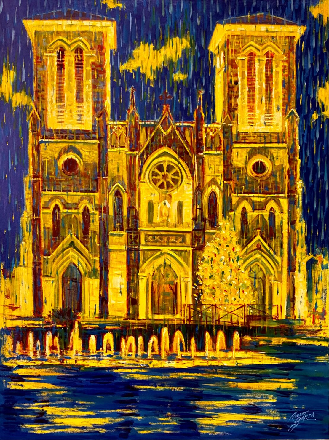 Shining San Fernando Cathedral - Robert Garza - 48” x 36” - Mixed Media on Canvas