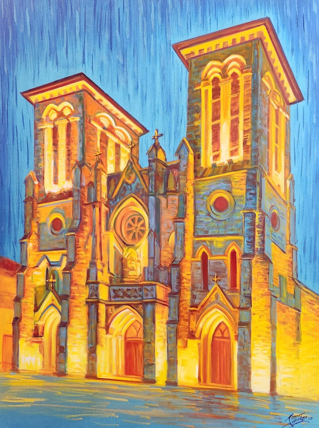 Golden San Fernando Cathedral - Robert Garza - 48” x 36” - Mixed Media on Canvas