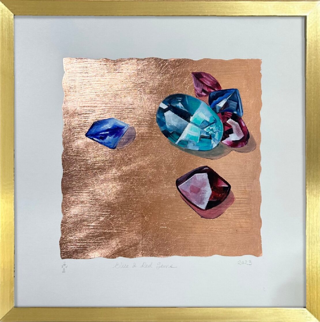 Blue & Red Gems - Angeles Salinas - 13" x 13" - Metallic Leaf on Paper