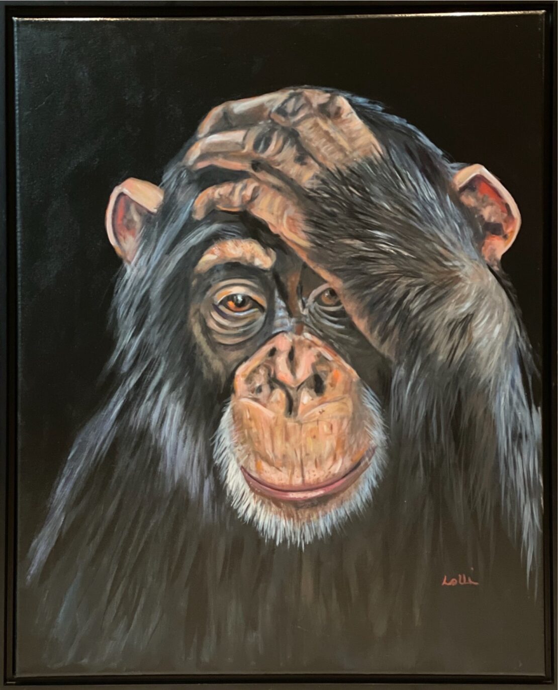 A painting of a monkey holding its head.