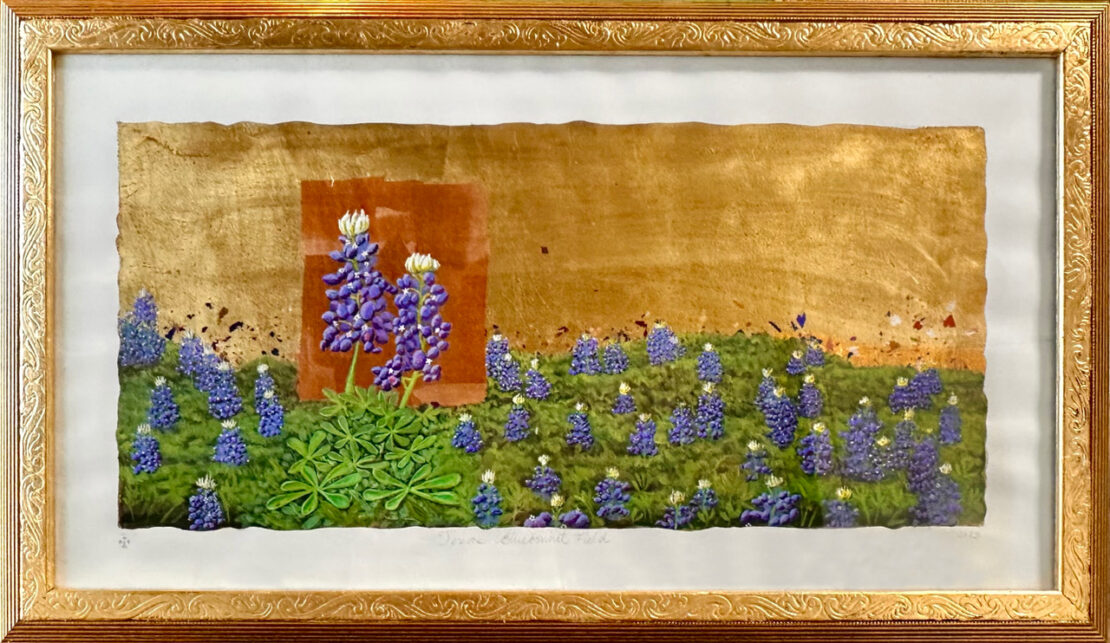 Texas Bluebonnet Field - Angeles Salinas - 18" x 30" - Acrylic and Metallic Foil on Paper(framed)