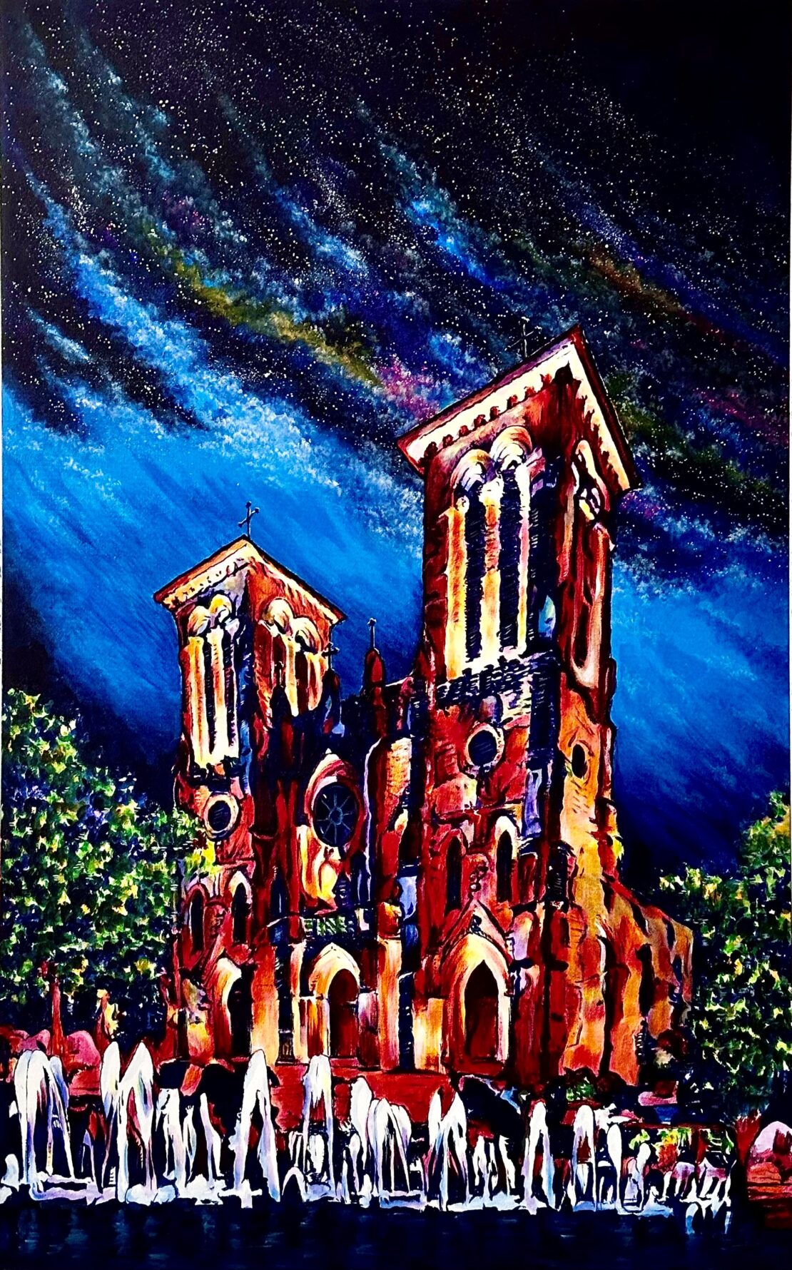 San Fernando Cathedral by Night - Jose Antonio Ayala - 48" x 30" - Acrylic on Canvas