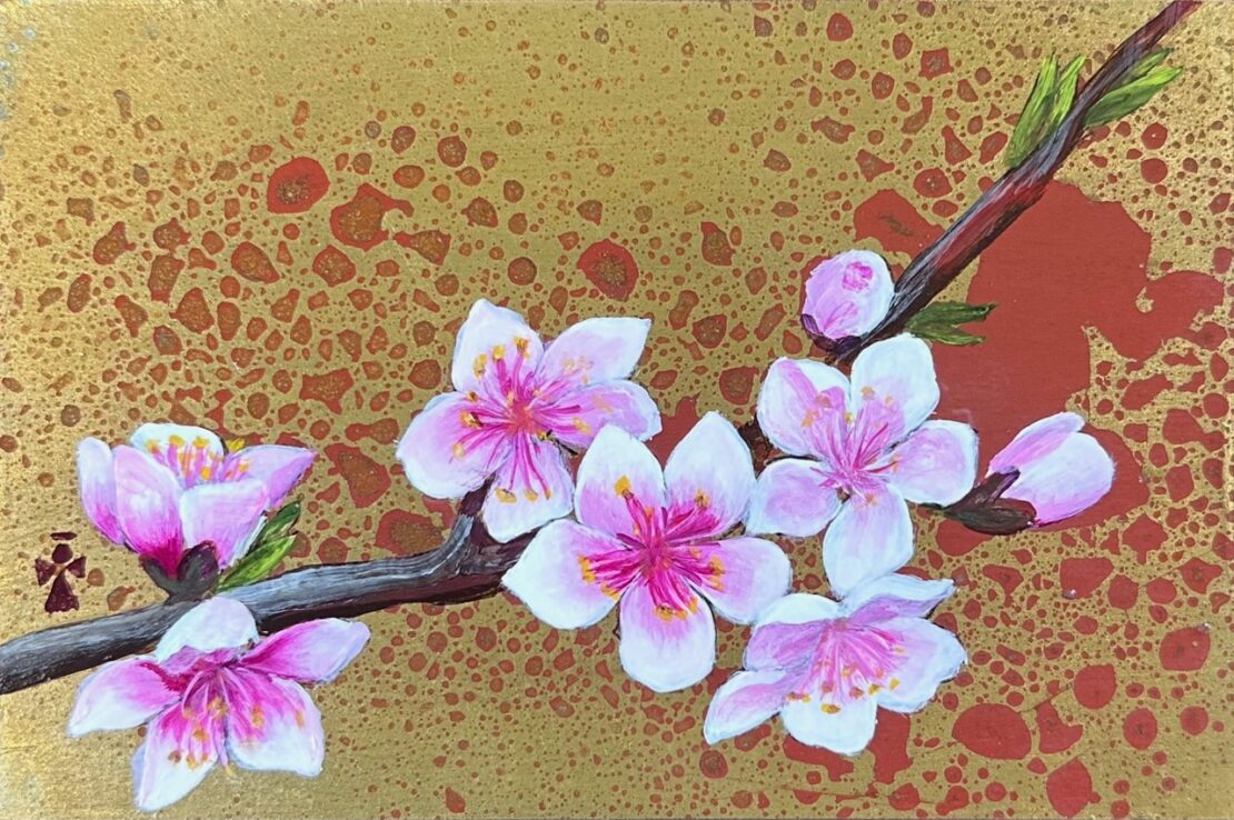 Cherry Blossom - Angeles Salinas - 4" x 6" x 1.5" - Acrylic Painting and Metallic Foil on Wooden Panel