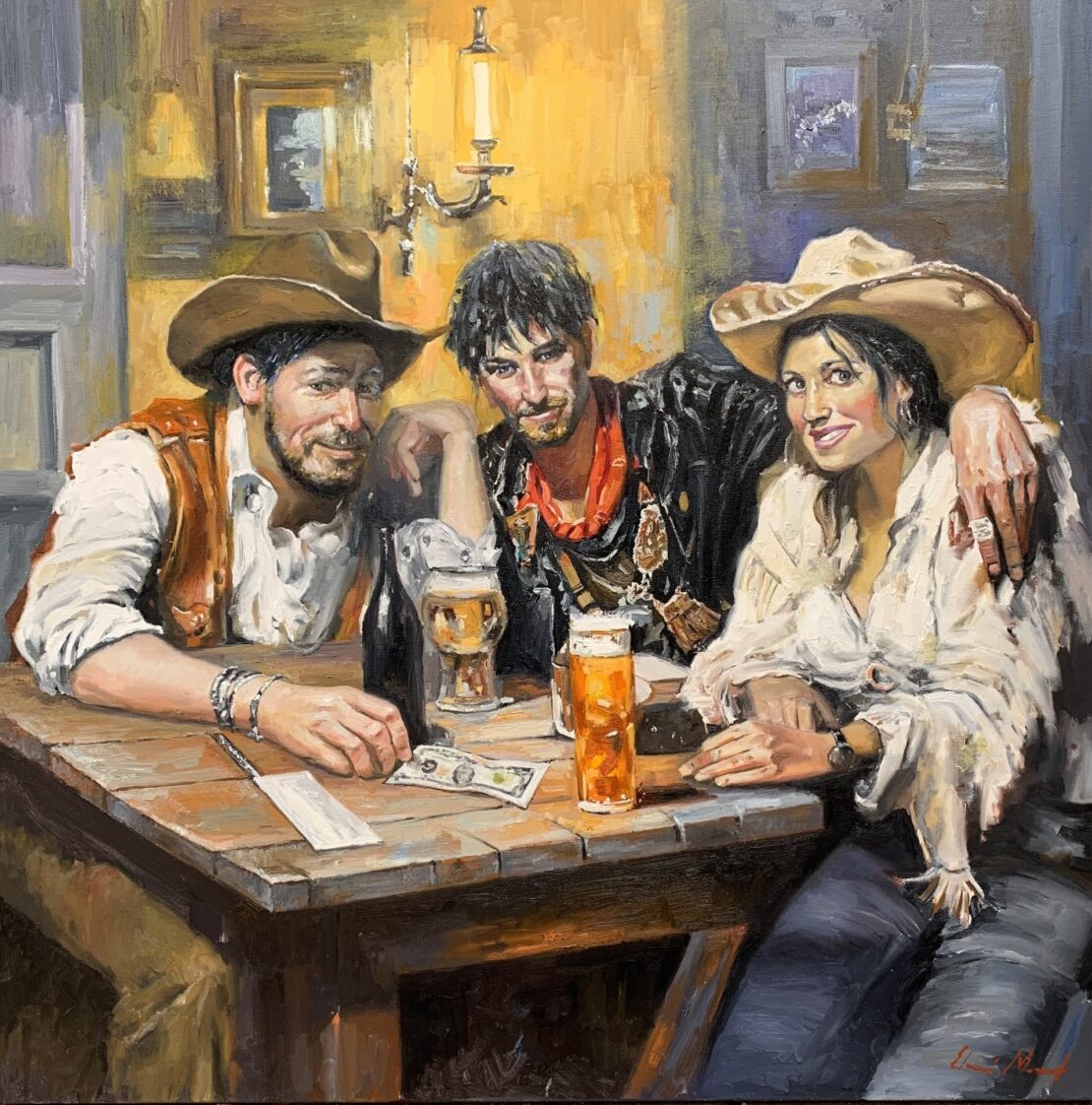 Saloon Companions - Yevhenii Mosieiev - 36" x 36" - Oil on Canvas