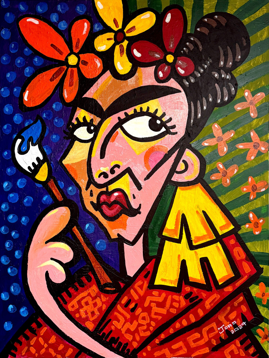 Frida and Brush - Joao Quiroz - 40" x 30" - Acrylic on Canvas