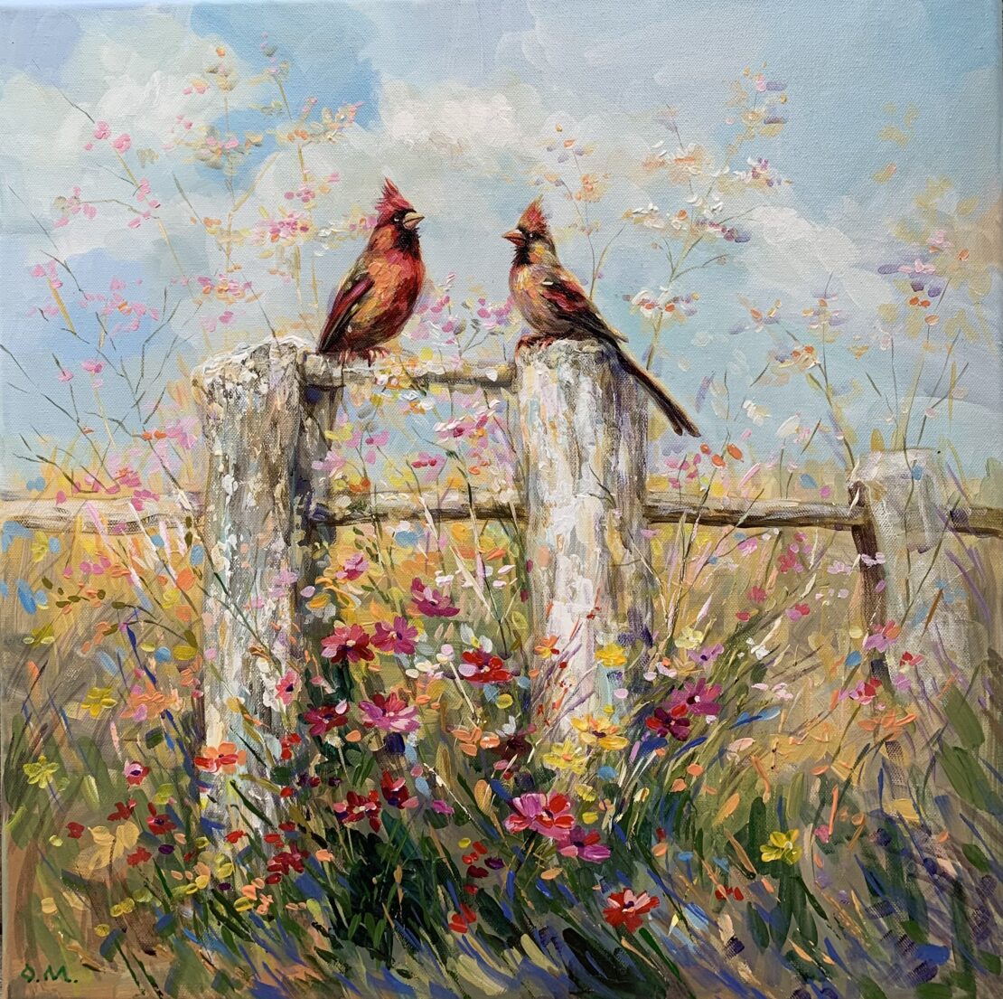 Cardinal Conversations - Olha Mosieieva - 20" x 20" - Acrylic on Canvas