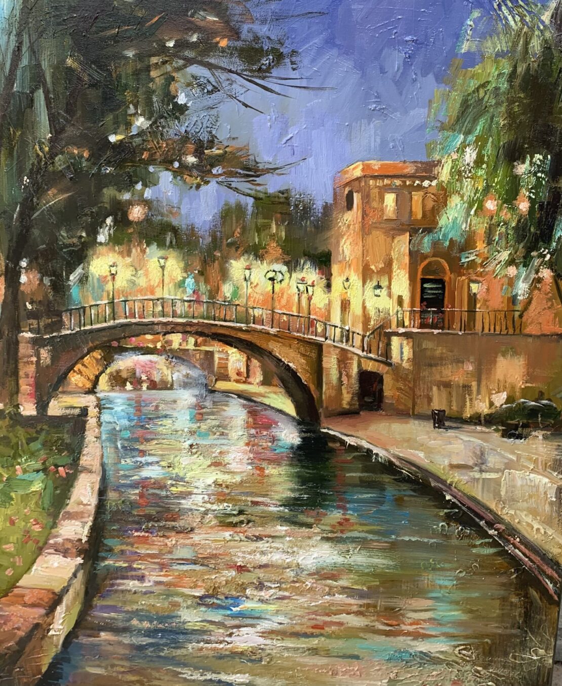 Twilight Over The River Walk Bridge - Yevhenii Mosieiev - 30" x 24" - Oil on Canvas