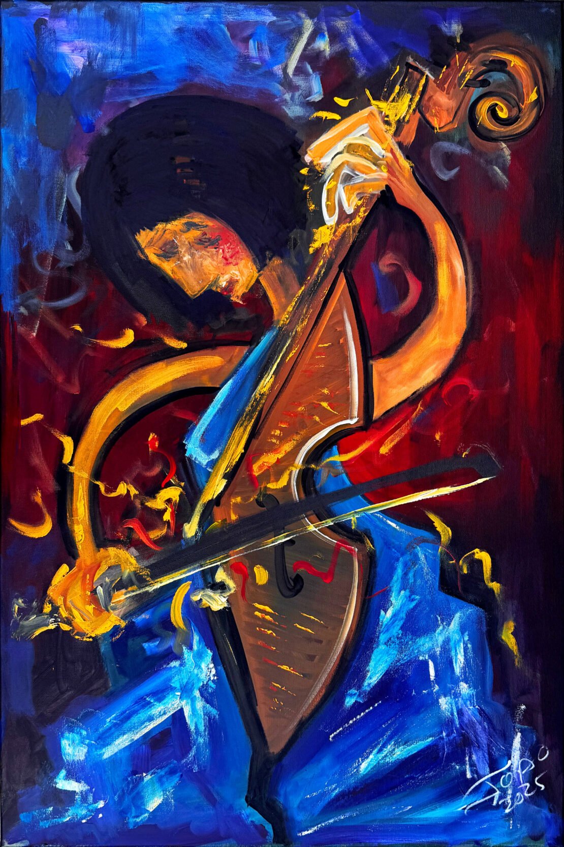 Woman Playing Cello In Blue Dress - Joao Quiroz - 36" x 24" - Acrylic on Canvas